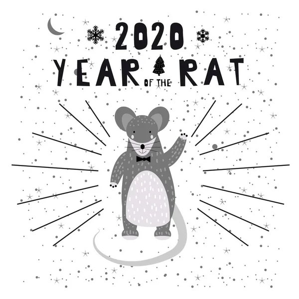 2020 chinesischen Neujahr der Ratte Tierkreis niedlichen Charakter Grußkarte Vorlage skandinavischen Stil. Vektorillustration — Stockvektor