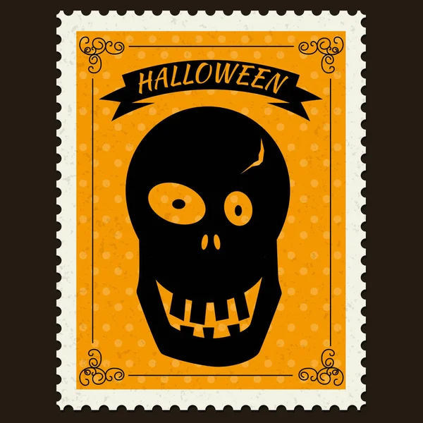 Joyeux timbres d'Halloween avec crâne, symbole de personnage de dessin animé halloween. Vecteur isolé vintage rétro — Image vectorielle