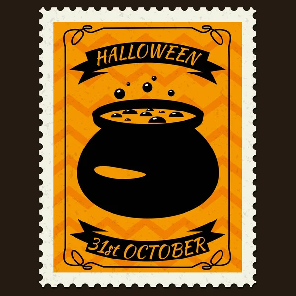 Cadı kazan, cadılar bayramı çizgi film karakter sembolü ile Happy Halloween Posta Pulları. Vektör izole retro vintage — Stok Vektör
