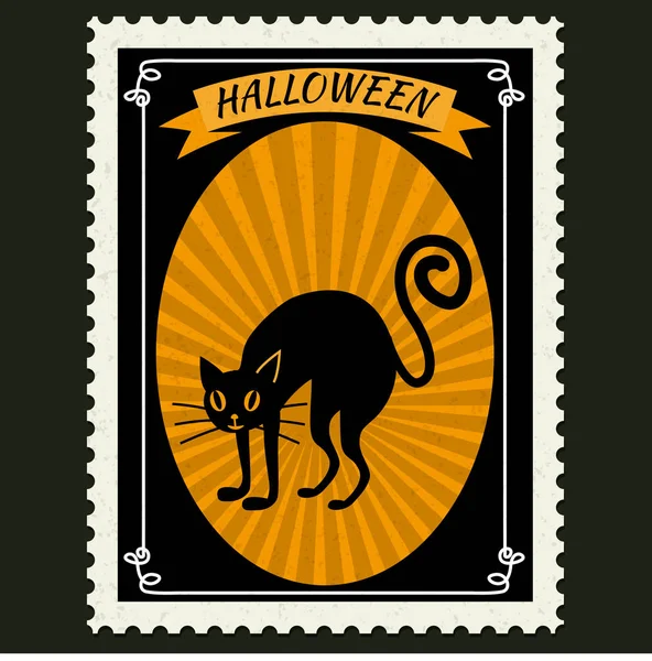 Happy Halloween Znaczki pocztowe z czarnym kotem, symbol postaci z kreskówek halloween. Wektor izolowany retro vintage — Wektor stockowy