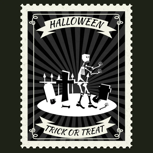 スケルトン墓地、ハロウィンの漫画のキャラクターシンボルとハッピーハロウィーンの郵便切手。ベクトル分離レトロヴィンテージ — ストックベクタ