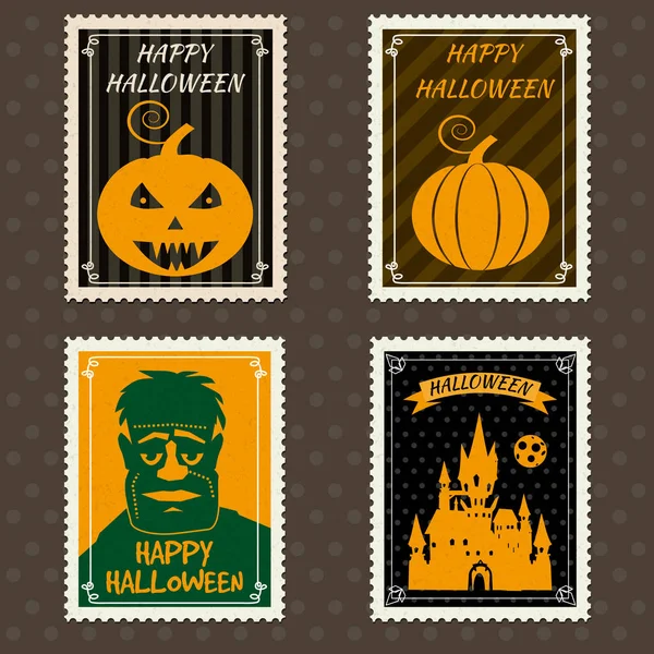 Happy Halloween Set Selos de palco com castelo preto, zumbi, símbolo de desenhos animados halloween. Vetor isolado retro vintage —  Vetores de Stock