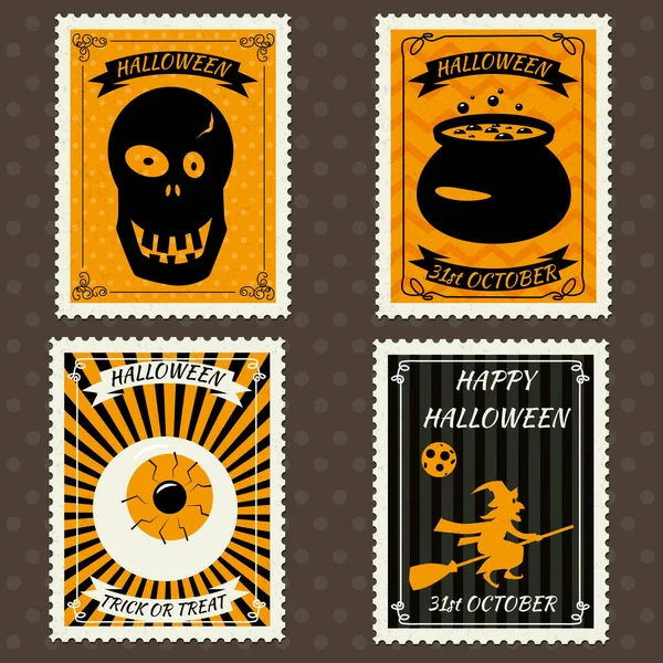 Щасливий Хеллоуїн Набір поштових марок з черепом, відьмами, відьмами на мітлі, око, хеллоуїн мультфільм символ. Вектор ізольовані ретро вінтажні — стоковий вектор