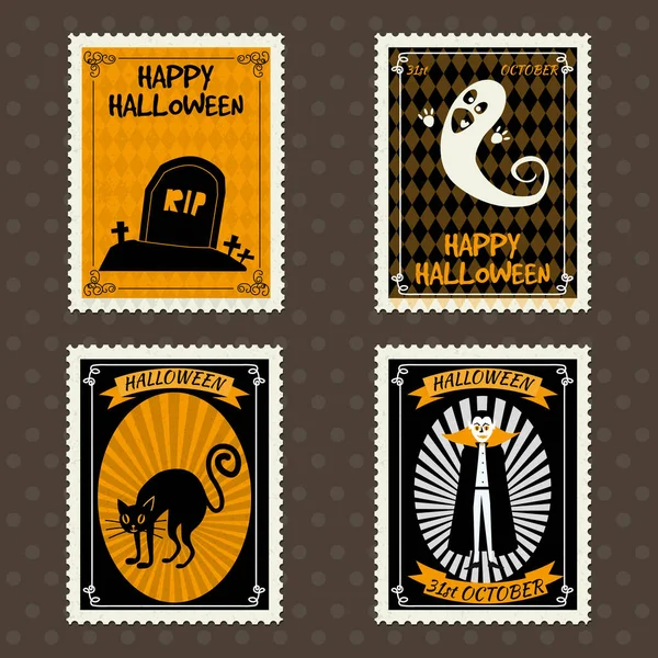 Happy Halloween Postage Stamps with ghost, Vampire, black cat grave, cemetery, halloween cartoon symbol. Vector isolated retro vintage — Stock Vector