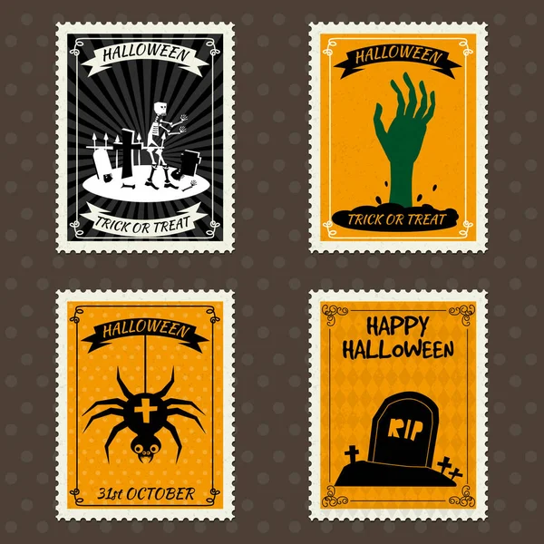 Happy Halloween Znaczki pocztowe z ręki zmartwychwstałego zombie, pająk, grób, cmentarz, symbol kreskówki halloween. Wektor izolowany retro vintage — Wektor stockowy