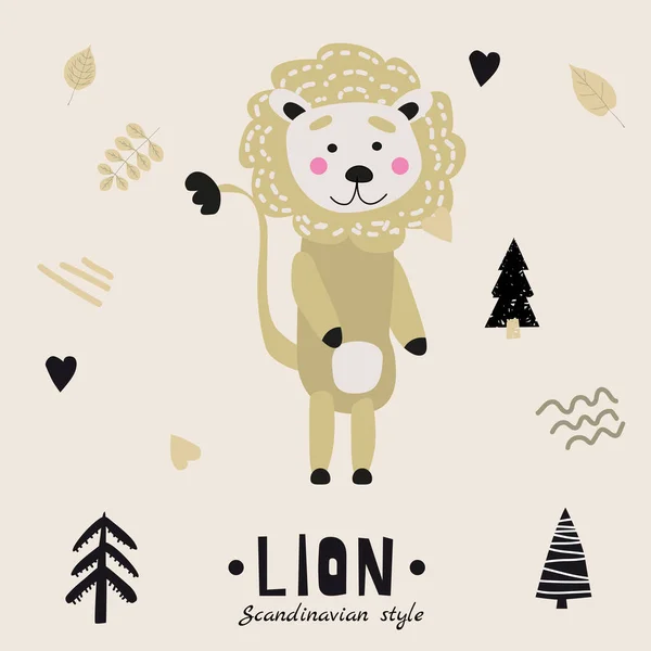 Lion mignon personnage drôle. Illustration vectorielle enfantine dans un style scandinave. Illusion vectorielle concept isolé pour enfants imprimer affiche bannière — Image vectorielle