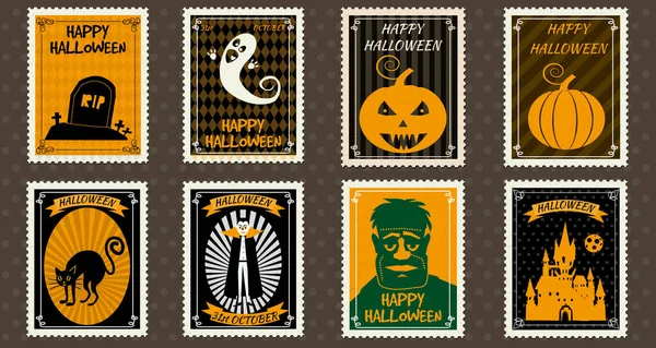 Happy Halloween Set Postage Sellos con calabaza, fantasma, vampiro, zombi, castillo, gato negro, tumba, símbolo de dibujos animados de Halloween. Vector aislado retro vintage — Vector de stock