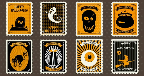 Happy Halloween Set Znaczki pocztowe z kotła czarownica, Scull, grób, duch, Wampir, oko, czarownica na miotle, czarny kot, grób, symbol kreskówki halloween. Wektor izolowany retro vintage — Wektor stockowy