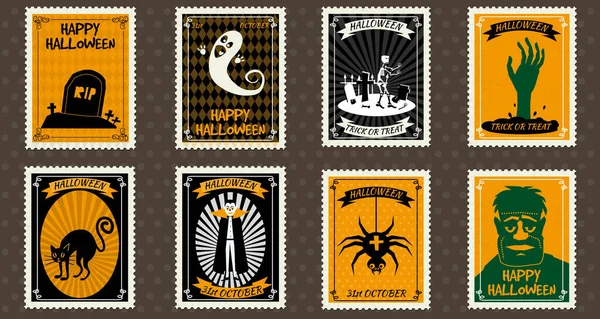 Feliz Halloween Set Postage Sellos con fantasma, scull, tumba, zombie, castillo, vampiro, araña, mano, halloween símbolo de dibujos animados. Vector aislado retro vintage — Vector de stock