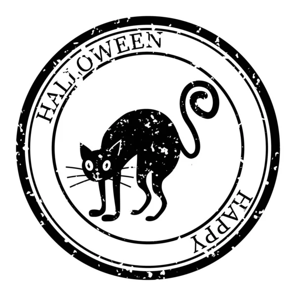 Timbre d'Halloween postal. Icône Black Cat Silhouette Seal. Grunge Texture. Passeport rond Design. Conception vectorielle Retro Isolé — Image vectorielle