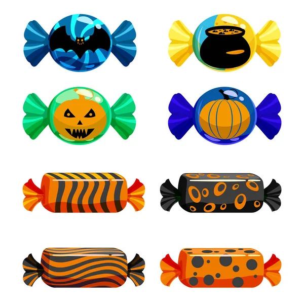 Set de dulces de Halloween colorido con personajes y elementos de Halloween. Caramelos piruletas chocolate otoño vacaciones colores. Ilustración aislada vectorial — Vector de stock