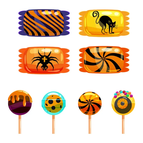 Set de dulces de Halloween colorido con personajes y elementos de Halloween. Caramelos piruletas chocolate otoño vacaciones colores. Ilustración aislada vectorial — Vector de stock
