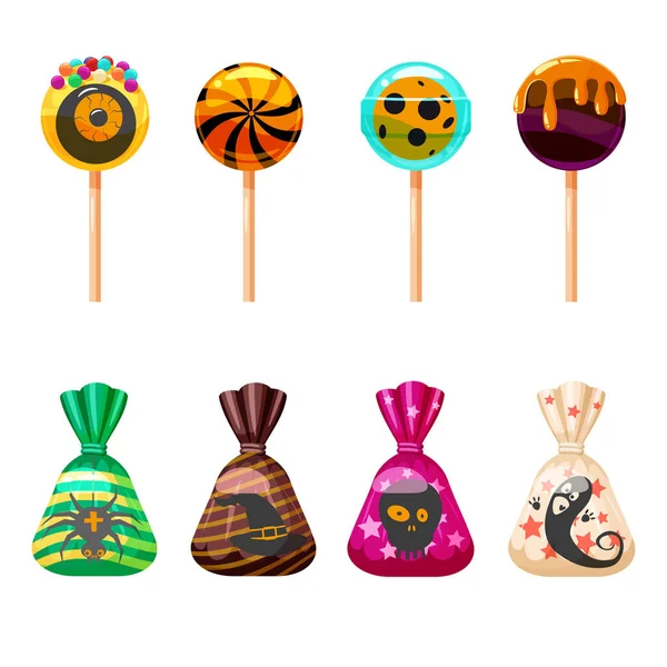 Set de dulces de Halloween colorido con personajes y elementos de Halloween. Caramelos piruletas chocolate otoño vacaciones colores. Ilustración aislada vectorial — Archivo Imágenes Vectoriales