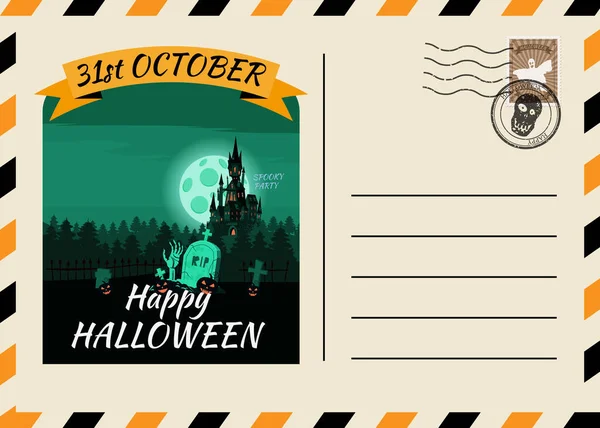 Счастливое приглашение на Хэллоуин Темный замок Кладбище соблазняет дизайном почтовой марки. Векторный изолированный плакат — стоковый вектор