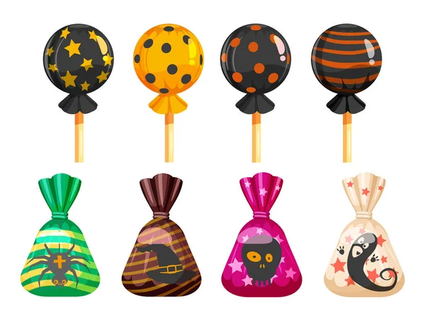 Set bonbons d'Halloween colorés avec des personnages et des éléments d'Halloween. Bonbons sucettes chocolat couleurs de vacances d'automne. Illustration vectorielle isolée — Image vectorielle