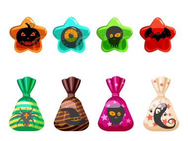 Cadılar Bayramı tatlılarını cadılar bayramı karakterleri ve elementleriyle renklendir. Şekerler jöleli çikolata, sonbahar tatili renkleri. Vektör izole illüstrasyonu