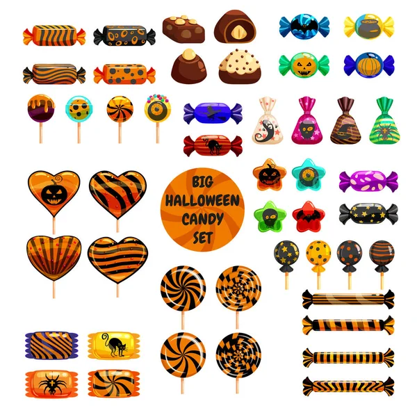 Set de dulces de Halloween colorido con personajes y elementos de Halloween. Caramelos piruletas jalea chocolate otoño vacaciones colores. Ilustración aislada vectorial — Vector de stock