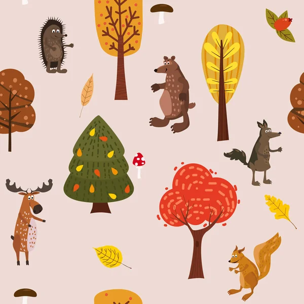 Automne forêt mignon animaux modèle sans couture avec des feuilles d'arbres style dessin animé plat à la mode — Image vectorielle