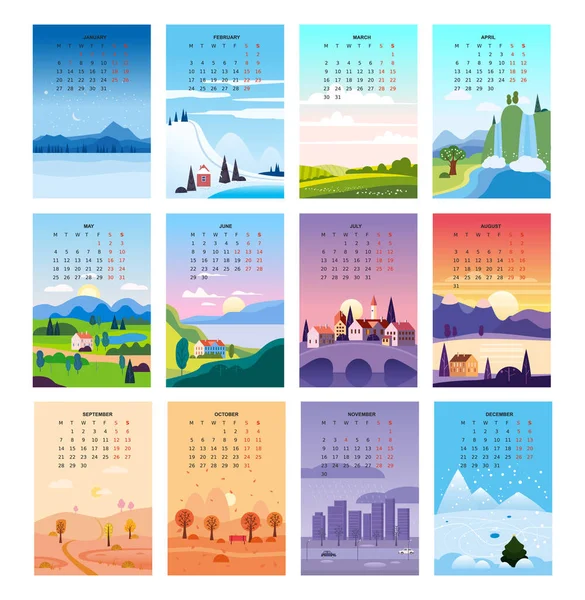 2020 Calendar minimalistic landscape natural backgrounds of four seasons. Winter wonderland, Fresh on Spring, Hot sunny day on Summer, Autumn with leaves falling. Set cartoon flat design 4 seasons — Stock Vector