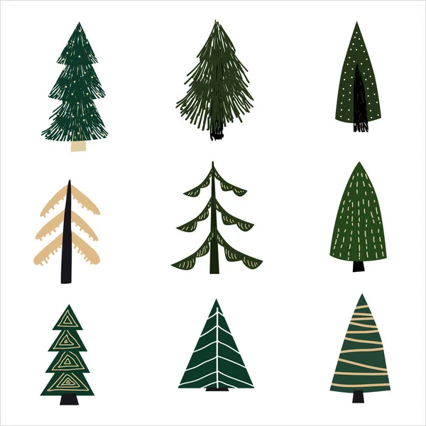 Définissez l'icône sapin de la forêt de Noël. Dessins simples illustration en blanc noir dans un style scandinave pour le design et la décoration textile, couvertures, emballage, emballage pape. Vecteur isolé — Image vectorielle