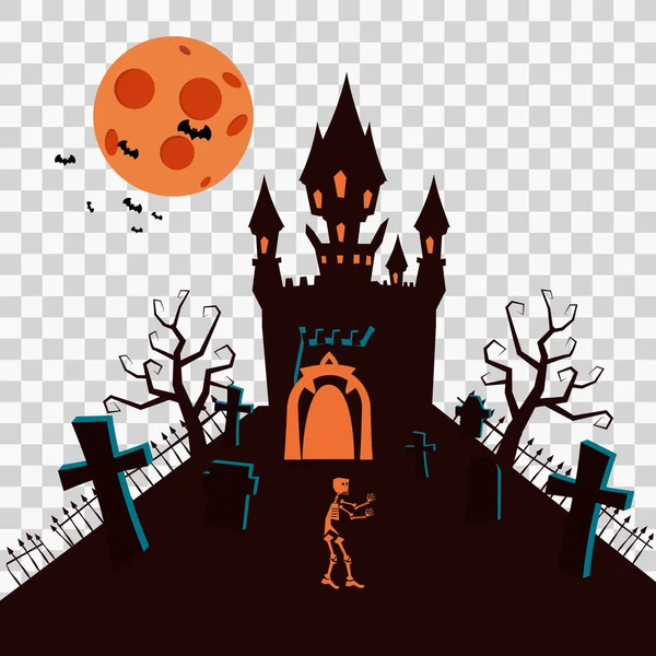 Glücklich Halloween-Karte Vorlage Hintergrund, dunkle Burg Friedhof Nebel gespenstisch, Vektor Illustration Banner isoliert — Stockvektor