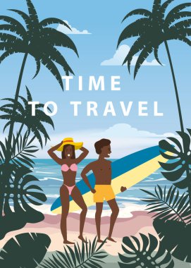 Yaz Tatili Beach Mutlu Çift Seyahat Zamanı. Surfboard ile Karısı ve Kocası Seashore Floral Sahilde Kum Denizi Okyanusu Having Fun yürüyüş Beach Vacation zevk. Vektör İllüstrasyonu