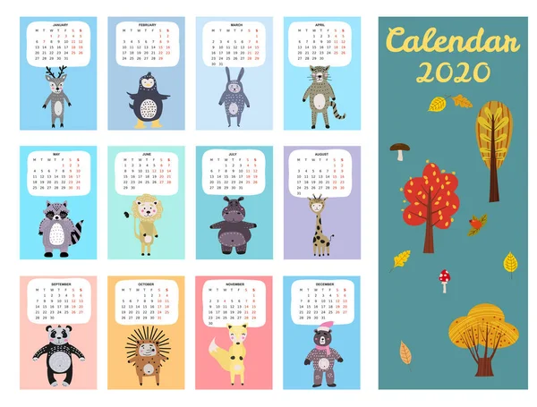 2020 Kalendarz Cute znaków zwierząt. Miesięczna ilustracja wektora Izolowany styl skandynawski — Wektor stockowy