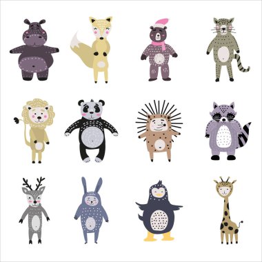 İskandinav tarzı hayvanat bahçesi hipopotamlarında, tilki ayılarında, pandalarda çocuklar için çizgi film karakterleri oluşturun. İzole edilmiş kartpostal ilanı, sayfa, pankart tasarımı.