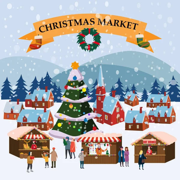 Yılbaşı pazarı ya da şehir meydanındaki yeni yıl ağacında tatil kış panayırı. Yürüyen, hediyeler alan, kahve içen, hediyelik eşya dükkanları ya da hediye ve yiyeceklerle süslenmiş büfeler.