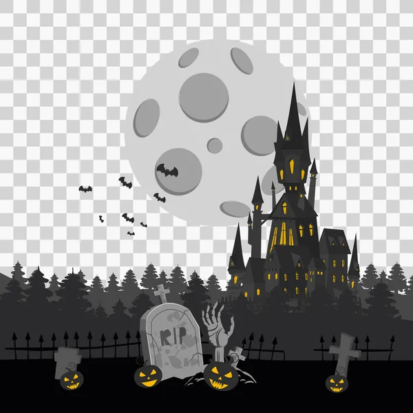 Joyeux fond de modèle de carte d'Halloween, brouillard du cimetière Dark Castle Spooky, bannière d'illustration vectorielle isolée — Image vectorielle