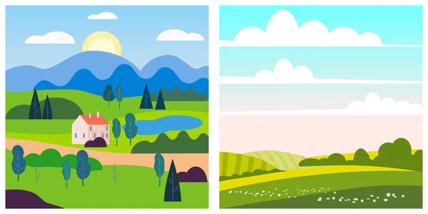 Definir paisagem primavera verão rural. Vetor isolado estilo cartoon mínimo, modelo cartaz baner —  Vetores de Stock