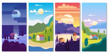 Sonbahar manzara deniz okyanus binaları, tepeler ve ağaçlar dağlar göl güneş trendy minimal geometrik düz tarzı. Vektör, izole dikey. Sosyal medya hikayeleri afiş afiş şablonu