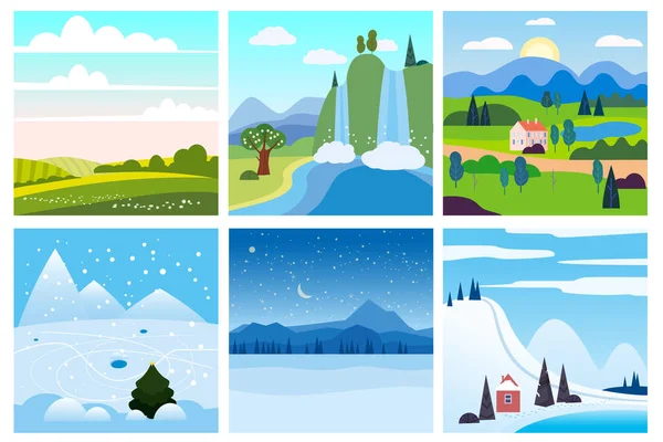 Calendario conjunto paisaje invierno, verano en un estilo simple mínimo plano - plantilla de cubierta de pancartas de temporada. Vector aislado — Vector de stock