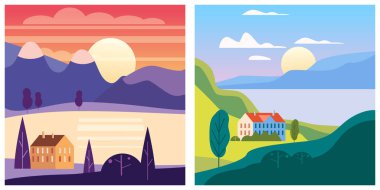 Yaz mevsiminde günbatımını ayarlayın. Vektör izole edilmiş minimal çizgi film biçimi, şablon afiş posteri