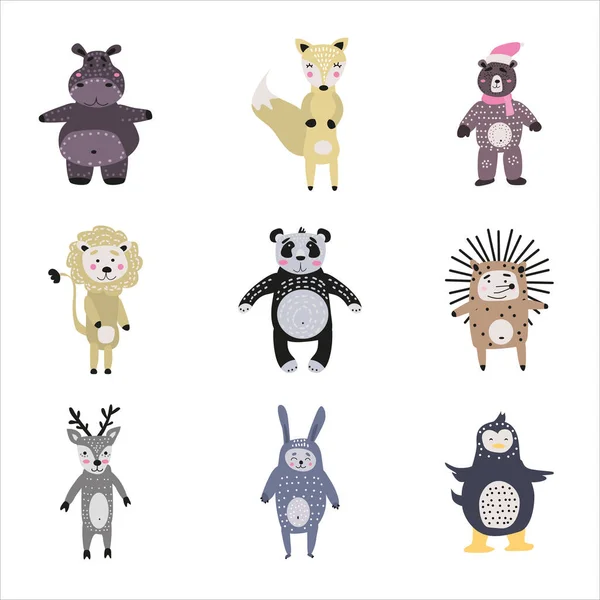 스칸디나비아 스타일의 동물원 하마, 여우 곰, 판다의 아이들을 위한 만화귀여운 동물들을 준비 했다. 벡터외진 엽서 플라이어, 페이지, 배너 디자인. — 스톡 벡터