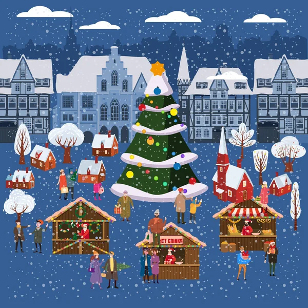 Christmas market or holiday winter outdoor fair on oldtown square big New Year tree cityscape. Big set of people walking, buying gifts, drinking coffee, decorated souvenir stalls or kiosks with gifts — Stock Vector