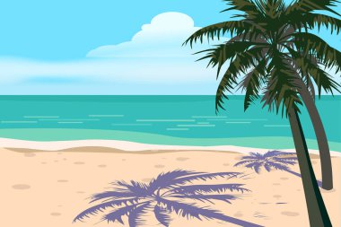 Güzel tropikal deniz manzaralı bayrak tatili. Deniz kıyısındaki yaz plajı, palmiyeler, kum sörfü. Vektör izole çizgi film biçimi