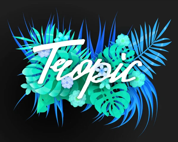 Summer trendy neon tropical leaves exotical plants palm jungle leaf. Lettering trending colors on dark background template banner. Vector illustration isolated — Stock Vector