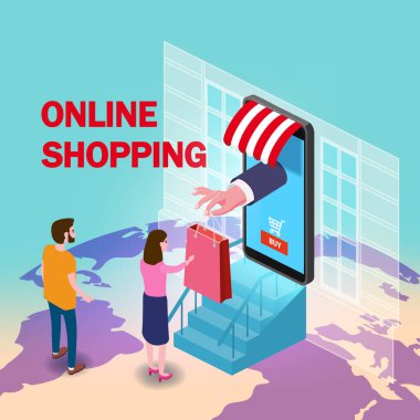 Çevrimiçi alışveriş yapan genç kadınlar ve erkek karakter el akıllı telefon internet dükkanından bir paket sunuyor. Simgeli, tenteli, palet yeryüzü arka planlı Isometric süpermarket. Vektör kavramı ve