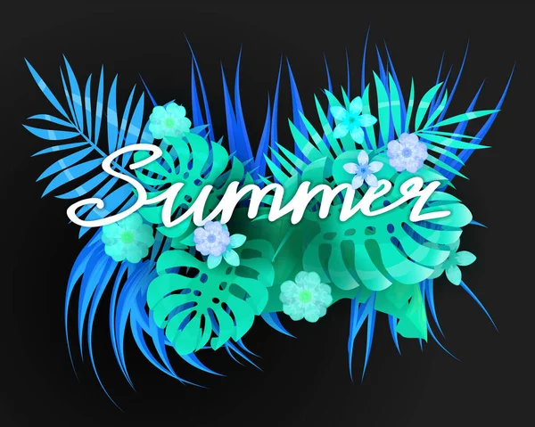Verão moderno neon tropical folhas exotical plantas palma selva folha lettering. Tendência de cores no banner modelo de fundo escuro. Ilustração vetorial isolada — Vetor de Stock