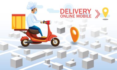 Güvenli teslimat COVID-19 koronavirüs salgını. Yemek giysisi ve koruyucu tıbbi maske giyen kurye mobilet siparişiyle internetteki izometriyi takip ederek yiyecek getiriyor. Bağlantı kurulamadı