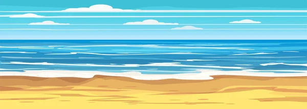 Praia de verão na costa do mar, surfe de areia. Lindas férias de férias de férias de bandeira de paisagem tropical. Estilo de desenho animado vetorial isolado —  Vetores de Stock