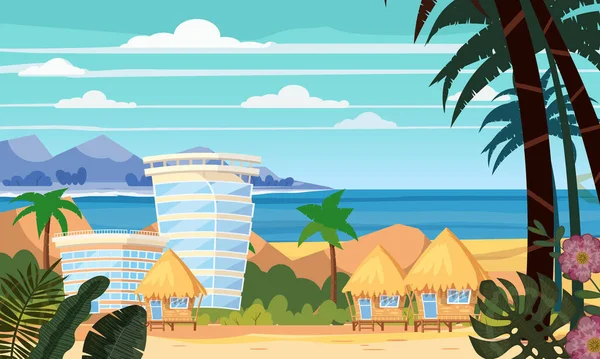 Ξενοδοχείο στην παραλία. Bungalow παραλία φοίνικες φυτέψει έννοια. Καλοκαιρινές διακοπές ταξίδι θαλασσογραφία, ακτή. Εικονογράφηση διάνυσμα επίπεδη στυλ κινουμένων σχεδίων απομονωμένη — Διανυσματικό Αρχείο