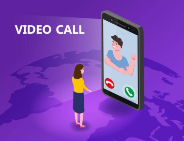 İnternetteki video konferans adamı internetten konuşuyor, görüntülü konuşma, sohbet, izometri. Çalışma alanı uzaktan yönetim toplantısı. Vektör illüstrasyonu izole edilmiş düz biçim