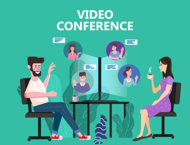 Kadın ve erkek video konferansında bilgisayar ekranındaki insanlar internet üzerinden sohbet ve görüntülerle konuşuyorlardı. Çevrimiçi toplantı ekibi çalışma alanı uzaktan yönetim iletişim toplantısı. Vektör