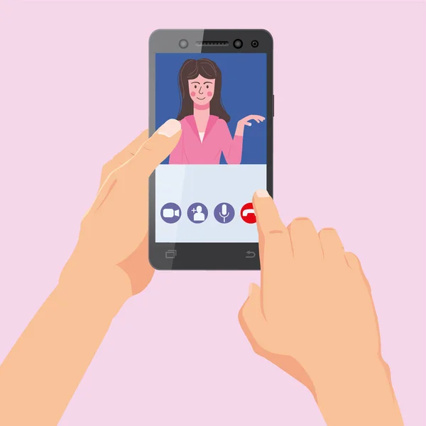 Χέρι κατέχει smartphone. Βίντεο γυναίκα συνέντευξη στην οθόνη του τηλεφώνου μιλάμε από το διαδίκτυο σε videocall, chat, UI, UX interface. Online συνάντηση ομάδας εργασίας εξ αποστάσεως συνάντηση διαχείρισης χώρου εργασίας. Διάνυσμα — Διανυσματικό Αρχείο
