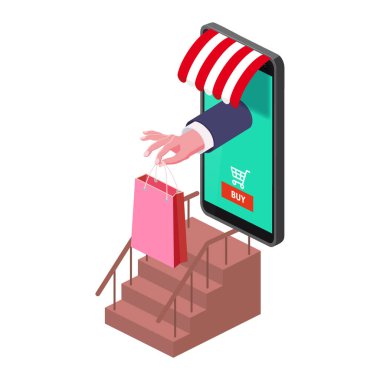 Çevrimiçi alışveriş yapan el, akıllı telefon tente internet dükkanından bir paket sunuyor. Isometric süpermarket. Vektör kavramı ve Dijital Pazarlama iniş sayfası şablonu