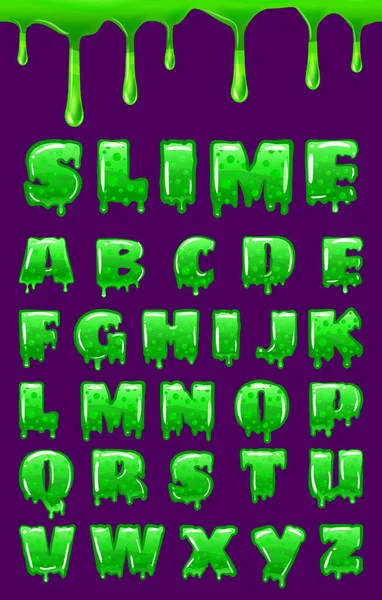 Slime Font zielony bąbelki toksyczne formy. Liczby liter. Ilustracja stylu wektor kreskówki — Wektor stockowy