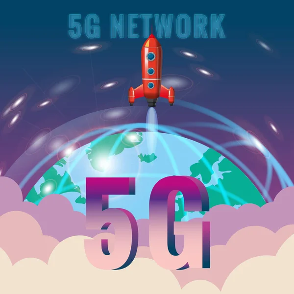 5G internet nieuwe mobiele draadloze technologie wifi-verbinding. Start raket Aarde planeet letters 5g. Vijfde innovatieve generatie van het wereldwijde hogesnelheidsnetwerk. Vectorconcept illustratie — Stockvector