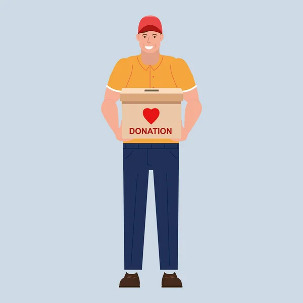 募金箱付きのボランティアマンキャラクター。社会福祉と慈善の概念図。ベクトル絶縁フラット漫画スタイル — ストックベクタ